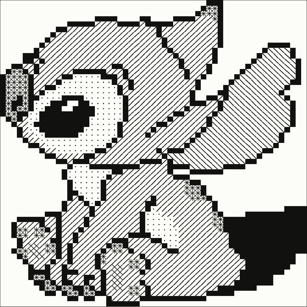 Stitch dibujado con diagonales, puntos y bloques en una matriz de 55 × 58 celdas.